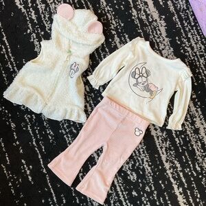 Adorable Minnie Mouse Cream and Pink Baby Outfit Set W/ Furry Vest SIZE 3-6 MTH